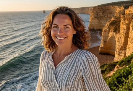 Algarve Cliffside Serenity**  
*A 35-year-old woman (sun-kissed skin, green eyes, wavy short hair) stands atop Algarve’s cliffs, wind lifting her linen dress. Her oval face, with its soft laugh lines and visible pores, glows at sunset, ocean waves below. Canon EOS R5, 70-200mm f/2.8, 8K. Style: Steve McCurry’s vivid realism.*