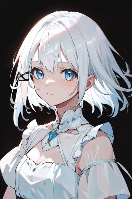 masterpiece, best quality, highres, 1girl white hair blue eyes x hair ornament <lora:siesta_no_outfit:1> white dress