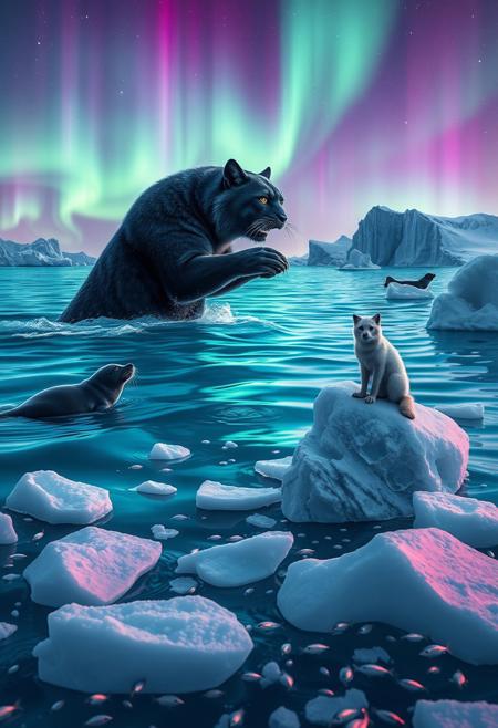 A majestic cat breaches the surface of a shimmering, turquoise Arctic sea, its massive form silhouetted against the ethereal glow of the Northern Lights. Iridescent green and purple auroras dance across the night sky, casting an otherworldly light on the cat's glistening fur. Nearby, a pod of seals glides gracefully, their spiraled tusks gleaming in the celestial radiance. Floating ice floes dot the water's surface, reflecting the auroral display and creating a dreamlike mosaic. In the distance, jagged ice cliffs loom, their crystalline faces etched with millennia of history. A curious Arctic fox perches atop a nearby ice chunk, its white fur tinged with the surreal colors of the aurora. Schools of silvery Arctic cod dart beneath the surface, their scales catching flashes of the celestial light show. The scene captures the raw beauty and harmony of Arctic marine life, rendered in stunning 8K detail, with an atmosphere that blends the magical with the majestic. Intricate patterns of refracted light play across the whale's barnacle-encrusted skin, while the auroral glow casts long, ethereal shadows across the icy seascape. <lora:Anime v1.3:0.4> <lora:Illustration_Style_IV:0.5> <lora:flux_dev:1>