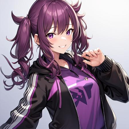 1girl, twintails, purple eyes,  <lora:NatsukiKarin-03:1>, masterpiece, ultra-detailed, detailed_clothes, smile, full body, hoodie