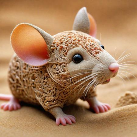 Creative image generation of a cute mouse made of sand ,beautiful:1.4), (intricate details, masterpiece, best quality:1.4),dynamic pose