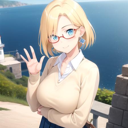 ((masterpiece)),(best quality),official art,extremely detailed CG,unity 8k wallpaper,ultra detailed,A lighthouse on a cliff by the sea,1girl,solo,upper body,looking at viewer,claudia madobe,smile,waving,blonde hair,short hair,blue eyes,glasses,semi-rimless eyewear,red-framed eyewear,jewelry,earrings,large breasts,sweater,shirt under sweater,collared shirt,white shirt,blue skirt,pleated skirt,brown boots,<lora:Claudia Madobe(win):0.8>,