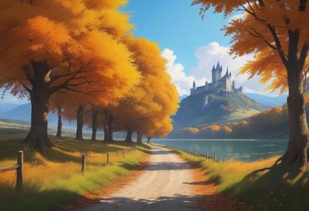 ultra highres, (masterpiece), (best quality), (hyper quality), highly detailed, digital art, sharp focus, smooth painting, (anime background illustration:1.2), (cel anime), pastel color, scenic, autumn walk, (medieval fantasy), warm color,