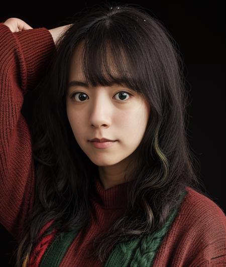 h1t3 , Black background, Red and green sweater, close portrait photo, asia, asiatic