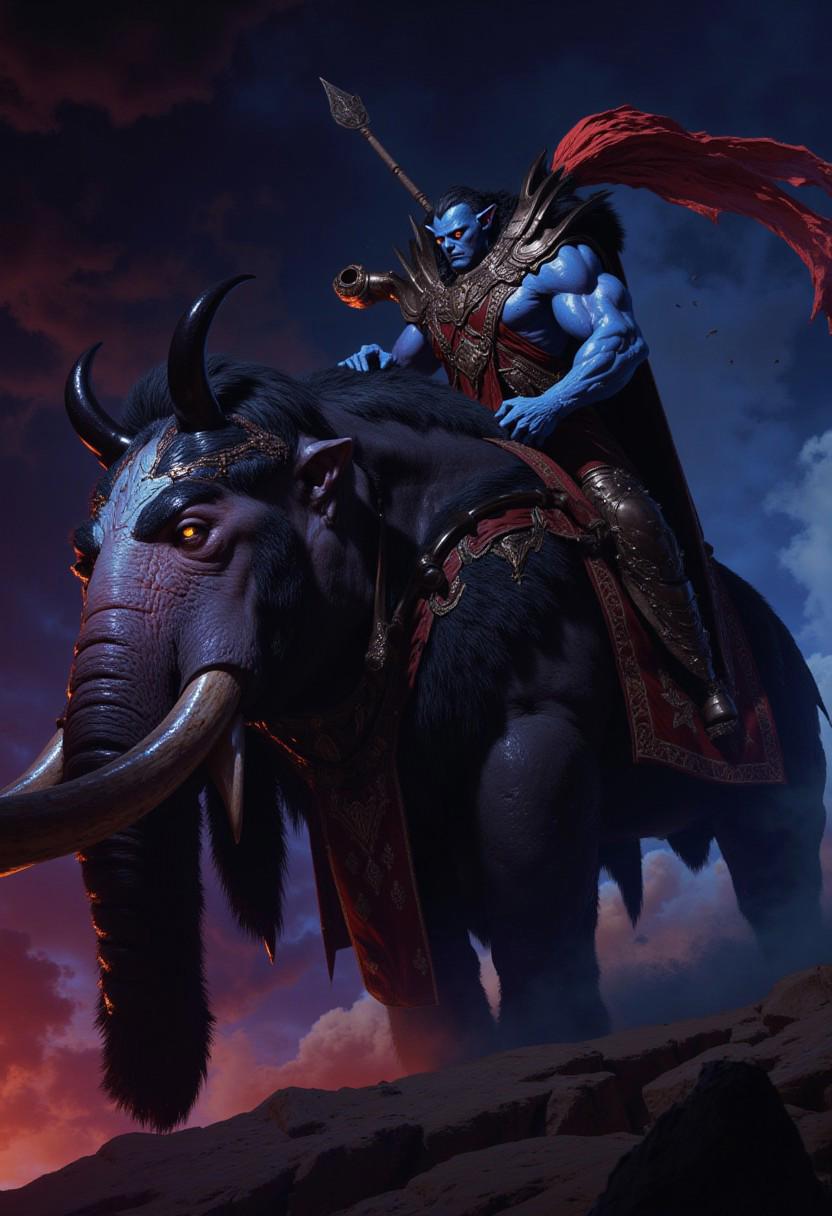 A Full Body photo shot of a blue native orc warrior, riding on his majestic sharp tusk mammoth, beautiful face, vivid colors, elegant, concept art, sharp focus, digital art, Hyper-realistic, 8K resolution, Unreal Engine 5, Highly Detailed, HD, Dramatic Lighting by Brom, trending on Artstation, hyperdetailed eyes, hyperrealism extremely detailed epic masterwork ((masterpiece)), Hyperrealistic, splash art, concept art, mid shot, intricately detailed, color depth, dramatic, 2/3 face angle, side light, colorful background. The scene feels endless and vast, as if the figure is standing in the middle of space.   <lora:dark_fantasy_flux:0.83> <lora:FredFraiStyle-FLUX-Share:0.63> <lora:sxz-Dark-Fantasy-v2-Flux:0.33> drkfnts style, <lora:flux.1_lora_flyway_Epic-Characters_v1:0.33>