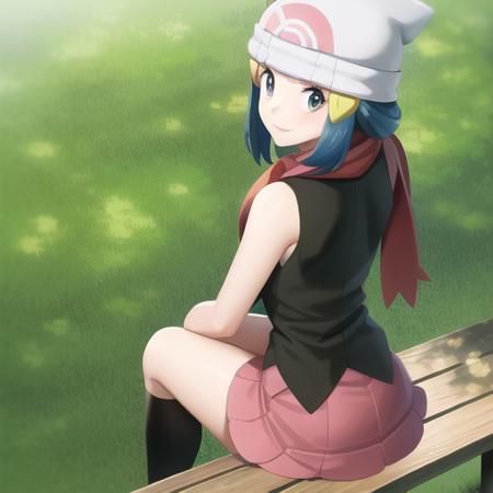 <lora:character_pokemon_dawn_v3:0.5> forest, 1girl, character_pokemon_dawn, solo, sitting, on bench, hands on own thighs, from behind, from above, looking back, looking at viewer, smile, closed mouth, beanie, hairclip, sleeveless shirt, skirt, kneehighs, scarf