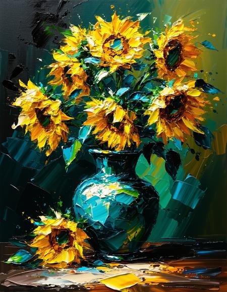 A vibrant still life of sunflowers in a vase, thick oil paint, visible brushstrokes, rich impasto texture, dramatic lighting, classic fine art style