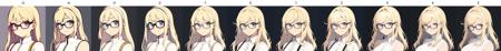 a girl, white dress, blonde hair, looking at viewer, portrait, glasses<lora:eyelashes_slider_v1:-5>, simple background