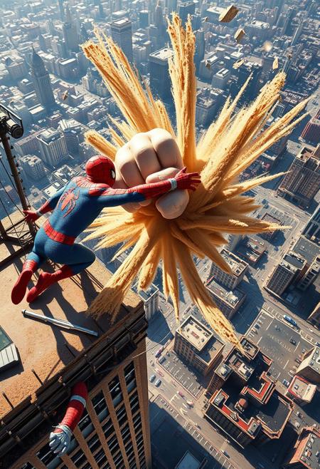A dynamic image bursts forth, capturing the epic clash between Spiderman and Sandman high atop a skyscraper. In the foreground, Spiderman lunges towards Sandman, his body a blur of red and blue. His web-shooters fire streams of webbing, aiming to ensnare his formidable foe. Sandman roars, his massive, sand-formed fist smashing towards Spiderman. Grains of sand fly everywhere, catching the light and creating a swirling vortex around the combatants. The middle ground reveals the precarious setting: the rooftop of a skyscraper, its edges crumbling under the force of the battle. Antennas sway precariously, and debris plummets towards the city below. The background is a vibrant cityscape, a tapestry of towering buildings and bustling streets, dwarfed by the colossal figures battling above. The lighting is dramatic, with bold contrasts of light and shadow, emphasizing the dynamic action. The composition is a diagonal, high-angle shot, creating a sense of dizzying height and intense movement. The intended emotion is one of thrilling action, suspense, and the awe-inspiring scale of a superhero battle. Emulating the style of classic comic book art, particularly the work of Steve Ditko and Todd McFarlane, the image emphasizes exaggerated anatomy, dynamic poses, and bold colors. Sandman's form has a granular, shifting texture, contrasting with Spiderman's smooth, form-fitting suit.