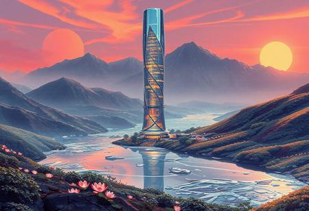 Planet Xylophia-IV, a stunning celestial body known for its breathtaking landscapes, making it an attractive destination for human colonization and terraforming efforts in the late 22nd century.
Soft, serene sky with reds and oranges
A tranquil, crystal-clear  ice lake reflects the aurora's ethereal dance, its surface dotted with lotus-like, bioluminescent flora that pulse in harmony with the planet's natural energy; undulating, emerald-green hills rise gently, covered in a lush, alien vegetation that shimmers with a subtle, rainbow hue; the rugged, ruby mountain range stretches across the horizon, its peaks hiding ancient, alien ruins and mysterious energy sources.
The center object is a majestic, spiral-shaped skyscraper, that pierces the sky, its surface adorned with a latticework of neon-lit, retro-futuristic accents; the spire serves as New Eden's heart, housing the colony's administration, a renowned intergalactic research center, and a luxurious, zero-gravity hotel.
As the dual suns dip below the horizon, New Eden transforms with a warm, golden lighting scheme, accentuating the retro-futuristic elements and casting a magical glow across the landscape.
Panoramic shot from a elevated vantage point, capturing the entirety of New Eden, the lake, and the majestic distant mountain ridge.