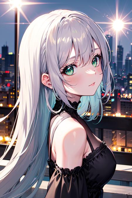 masterpiece, best quality, long hair, green eyes, close-up, silver hair, looking at viewer, black dress, lens flare, outdoors, night, crowd, from side, looking at viewer, outdoors, cityscape,