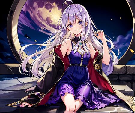 masterpiece,1girl,solo,elaina,(purple_style_costume,majo_costume:1.6),midnight,brooch,incredibly absurdres, center opening, sitting,light smile, ruins,full moon <lora:elaina_v3-000006:0.8>