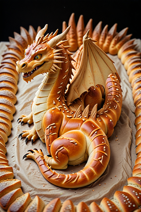 dragon made of bread, cinematic photography  <lora:Buns_Lora_SDXL:1>