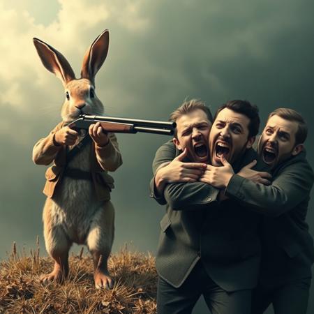 imagine a surreal scene, to the left is a rabbit dressed as a hunter aiming a shotgun, to the right are three men screaming with terrified looks holding one another