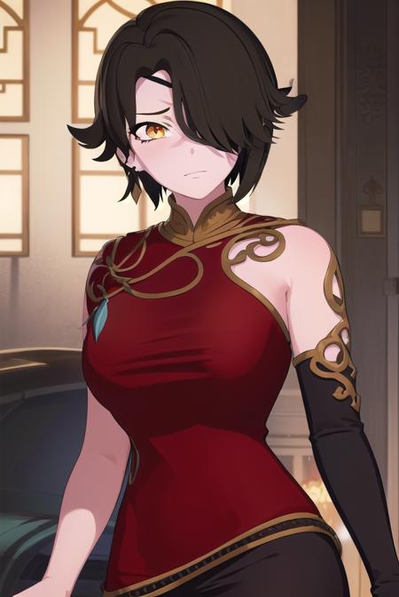 cinder fall, short hair, black hair, (yellow eyes:1.5), thighhighs, gloves, jewelry, boots, shorts, black gloves, belt, cape, thigh boots, bandages, dress, black dress, black cape, eyepatch, gloves, dress, jewelry, earrings, black gloves, elbow gloves, (hair over one eye:1.5), tattoo, scar, chinese clothes, red dress, china dress,