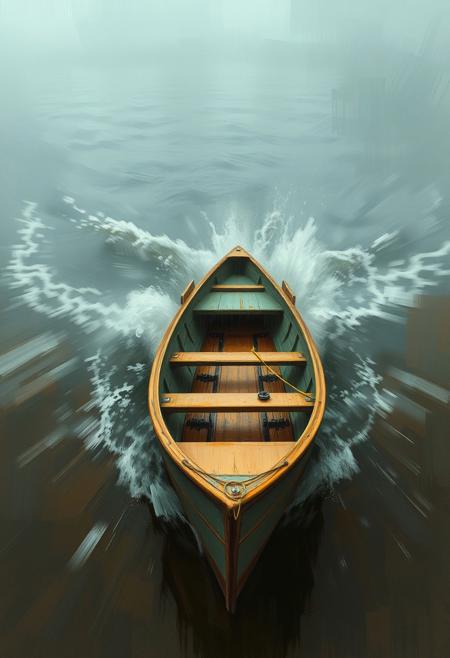 A dynamic depiction of a lone rowboat caught in a wet, rainy scene with swirling tides. Photorealism blends with painterly abstraction, emphasizing motion with blurred lines and reflective surfaces. Muted colors and expressive brushstrokes create a sense of action and atmospheric depth.