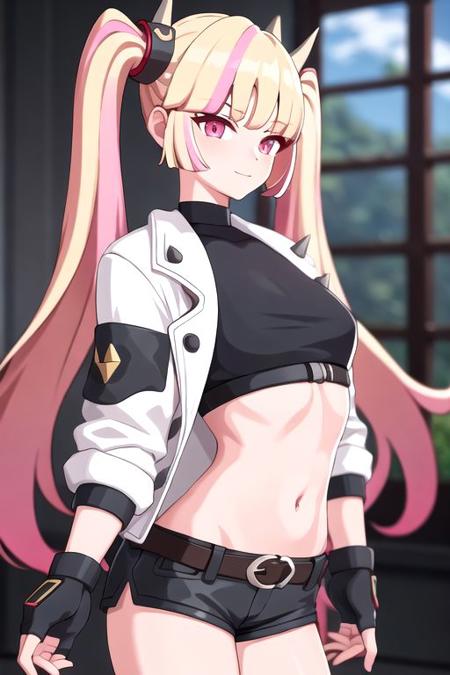 1girl, long hair, blonde hair, twintails, solo, jacket, bangs, spikes, looking at viewer, multicolored hair, pink hair, streaked hair, gloves, blunt bangs, fingerless gloves, black gloves, pink eyes, white jacket, crop top, midriff, smile, upper body, open clothes, belt, black shirt, shirt, breasts, navel, shorts, black shorts, open mouth, closed mouth, hair ornament, blurry, open jacket, thighhighs, thigh strap, medium breasts, horns, v, spiked bracelet, weapon, cowboy shot, short shorts