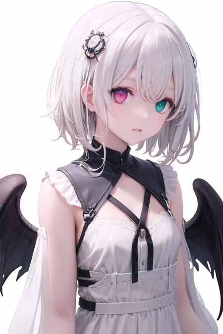 1 girl,(solo:1.2),<lora:25JiMiku:0.6>, upper body, heterochromia, short hair, long bangs, 
(white background:1.5),
<lora:Amavelmessageribbon_v11:0.6:clothe>