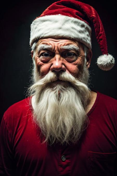 santa claus with wipe, dirt, hitting, angry, christmas background, dark theme, high contrast, (hyperrealism, sharp), amateur photoshoot, depression, film grain, dread, shabby, grime, angst, seedy, downtrodden