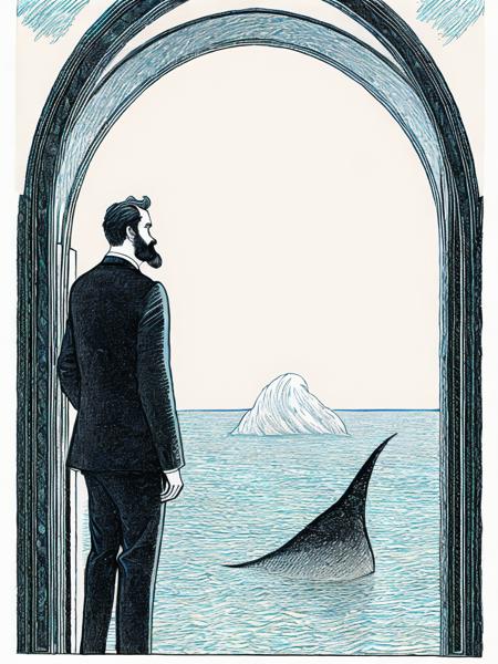 <lora:EdwardGorey:1>a drawing of a man looking at a giant creature in the ocean from a doorway by Edward Gorey