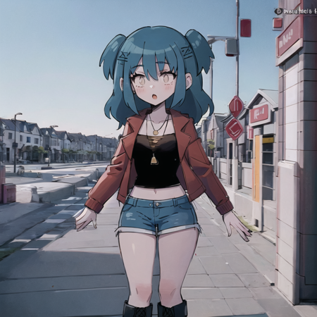 lacy drawing of a cartoon female with blue and hair, short blue shorts, and black and red top, 1girl, solo, red jacket, jacket, boots, two side up, hair ornament, shorts, open mouth, oudoors, city background,