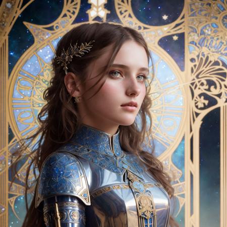 fashion photography portrait of beautiful girl knight in heavy armor, holding an ornate weapon, (alphonse mucha background:1.16), blue starry sky, 3d render, symetrical, octane render, 35mm, bokeh, 9:16, (intricate details:1.12), hdr, (intricate details, hyperdetailed:1.15), (natural skin texture, hyperrealism, soft light, sharp:1.2)