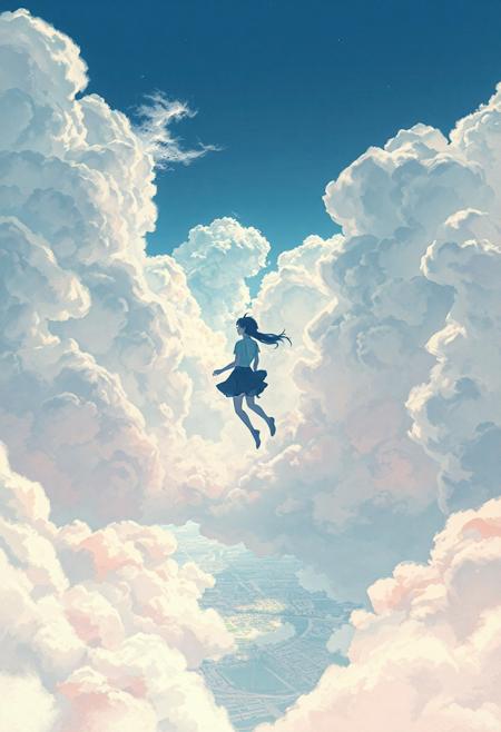 Vast anime-style sky with a massive textured cloud cover stretching across the entire scene, intricate structural cloud formations with detailed bumps and organic folds, scattered open gaps revealing patches of bright blue sky, cinematic view over a peaceful cityscape below, soft sunlight streaming through cloud breaks, pastel color palette (baby blue, soft white, light pink), highly detailed Ghibli-inspired artwork, hyper-realistic watercolor texture, dreamy and emotional atmosphere, 4K ultra-high resolution, only two anime silhouettes of a young man and a young woman gently falling side by side through the sky—their bodies angled gracefully as they descend through soft, fluffy clouds, the sole figures in the scene, in a serene, emotional moment inspired by Your Name, with rich color gradients and no other characters or objects present