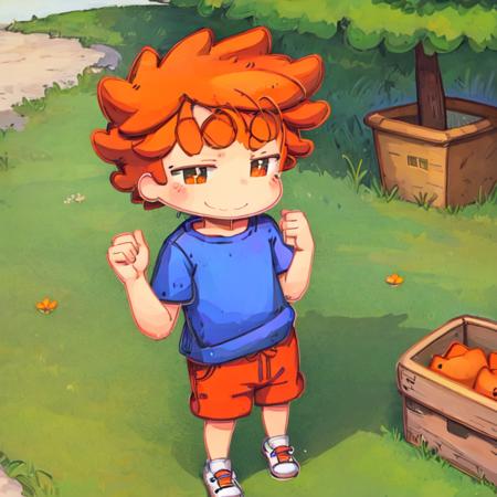 <lora:my-jrpencil-15:1> little orange fox-boy in a t-shirt and shorts in tall grass , smiles , (illustration), cartoon, detailed