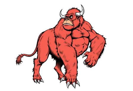 fantasy, ink art, comic style art, bull is standing with four feet, front orangutan's feet has 3 claws, muscular , looking at left