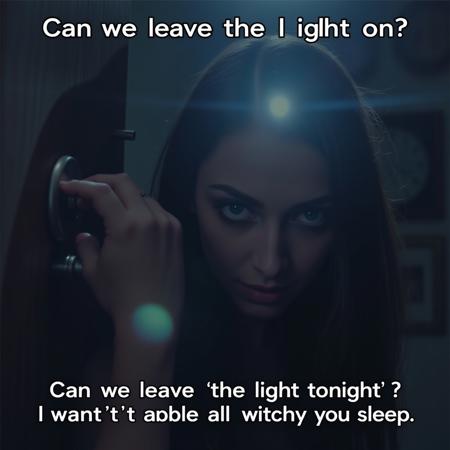 a woman with a caption saying can we leave the light on tonight? i want to be able to watch you sleep, pinterest style, creeper, intense lens flare, trollface, pure evil, hand on the doorknob, weasel, clocks, photo of the girl, insane face, patent, attention, the average redditor