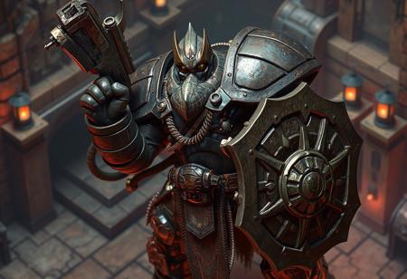 Mimighoul Dungeon's Techno-horror Goliath, dynamic pose, gun & shield, brown & green armor, Mimighoul Dungeon backdrop, isometric view, action, grammer effect splash ink, octane render, Unreal Engine 5, Raphael & Houdini style, vivid emotions, detailed eyes, CGSociety, Artstation trending, golden ratio, 4k, lifelike, matte painting.