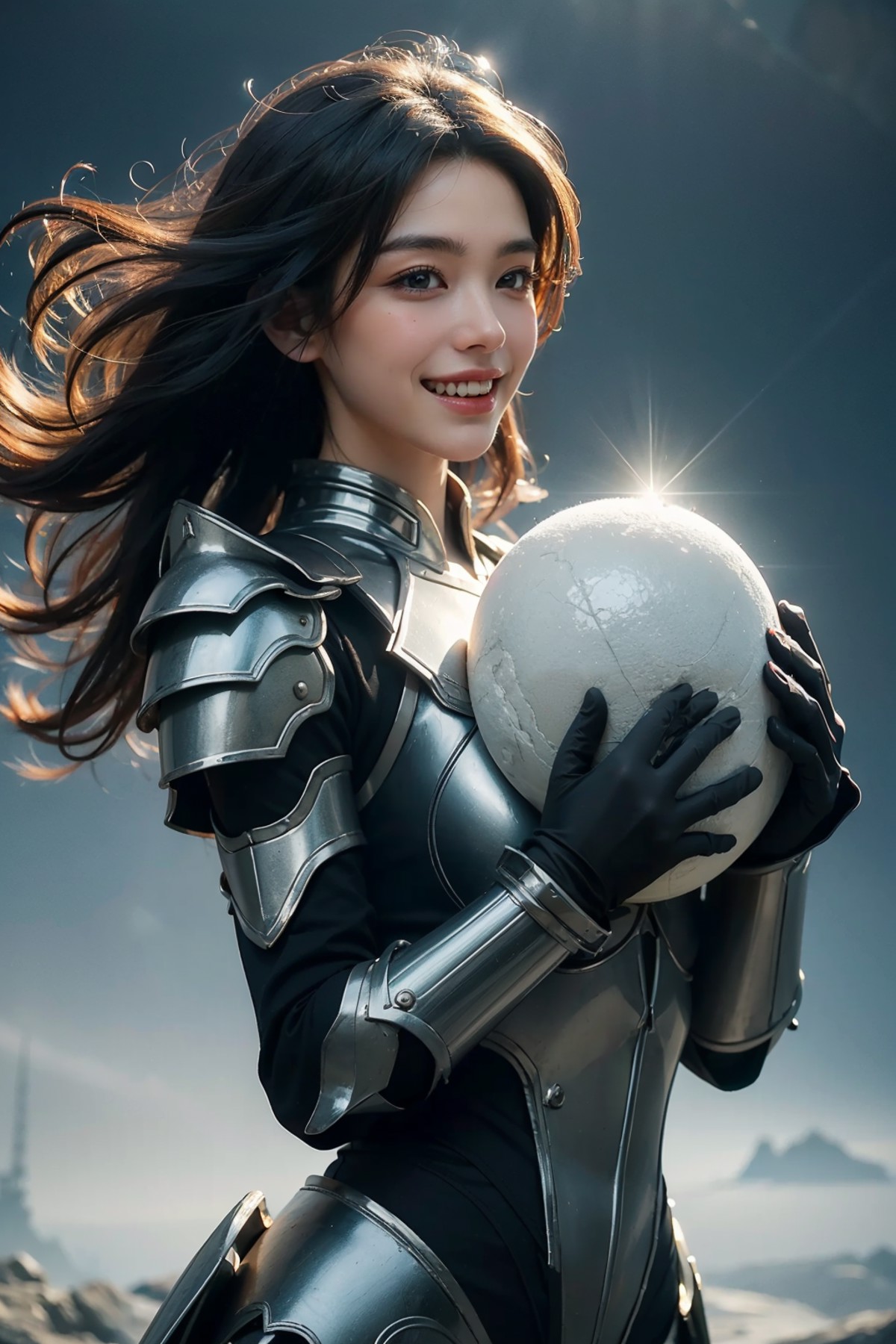 1girl, shiny armor, laughing, flying creatures, Subtle narrative, enigmatic atmosphere, atmospheric perspective, fluid mov...