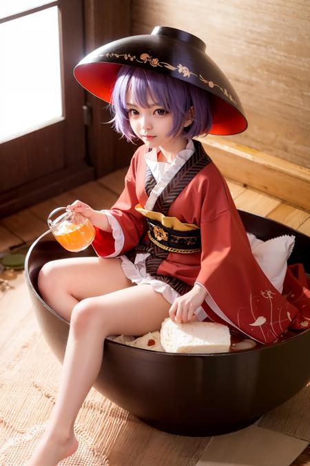 sukuna shinmyoumaru, 1girl,minigirl,bowl hat,ahoge,purple hair, short hair,red eyes,japanese clothes,frilled kimono,obi,sash,long sleeves, wide sleeves, 