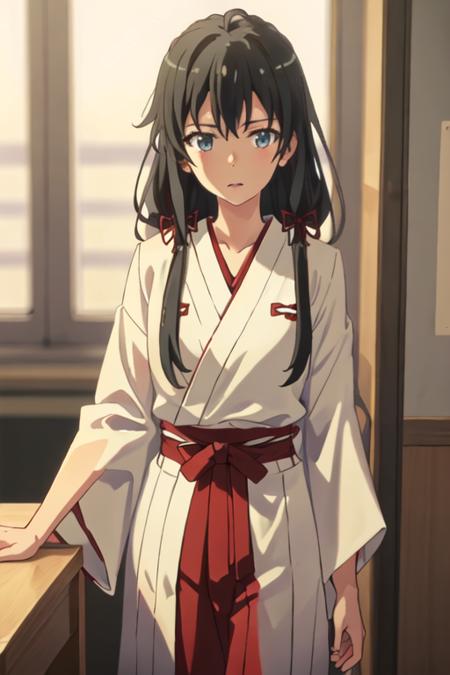 best quality, masterpiece, highres, solo, {white kimono:1.35}, {red hakama:1.35}, {wide sleeves:1.20}, {yukino_yukinoshita_yahariorenoseishunlovecomewamachigatteiru:1.15}, long_hair, black_hair, ribbon, blue_eyes, hair_ribbon, blazer