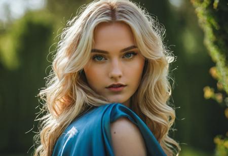 perfect eyes, natural skin, skin moles, looks at viewer, cinematic shot, high quality, realistic, raw lighting, detailed, (warm colors, godrays) BREAK Beautiful Celtic girl, skinny,  (((long blonde wavy hair))), (hair volume:2.0, highres, detailed, silk transparent blue robe, (cute face:1.0), (skinny:1.6), (athletic:1.5), opened blue eyes, looking at you, seductive look, BREAK detailed garden background, dynamic angle, volumetric lighting,