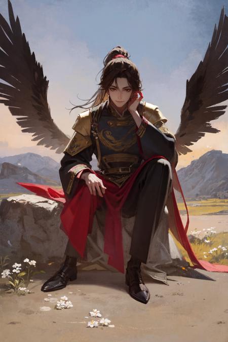 masterpiece, best quality, extremely detailed, detailed background, detailed face, parted bangs, 1boy, male focus, long hair, bird, wings, sitting, ponytail, mountain, flower, brown hair, solo, black footwear, red eyes, chinese clothes, feathered wings, head rest, outdoors, sky, very long hair, smile, high ponytail, branch, long sleeves, pants, cloud, hair ornament, black pants