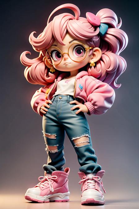 Pixar style,MG_ip,1girl,solo,pink hair,glasses,denim,jeans,jewelry,torn pants,shoes,pants,long hair,hands on hips,torn clothes,pink jacket,earrings,jacket,round eyewear,torn jeans,looking at viewer,sneakers,full body,ring,hair ornament,pink eyes,blush,ahoge,standing,shirt,pink footwear,closed mouth,bow,(fluffy:1.3),