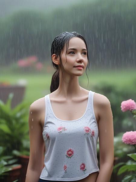 rain, in the rain, woman, tank_top, bra,  flower, garden, <lora:sl_lye:1>