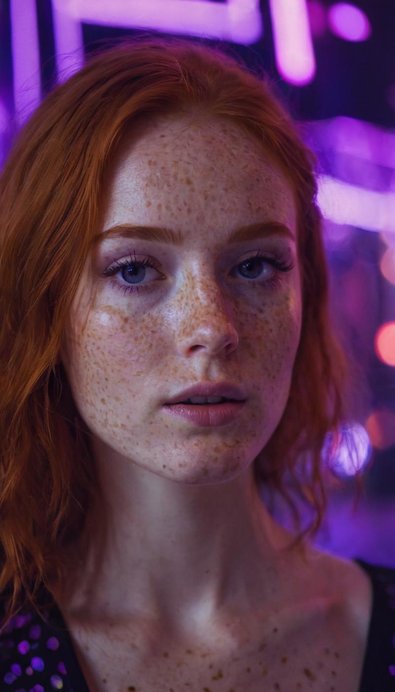 cinematic photo portrait of a beautiful woman, (freckles), redhead, dark makeup, purple neon lighting, hyperdetailed photo...