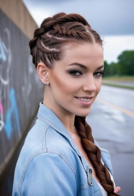 posing, fashion forward, professional, asphalt, graffiti, concrete wall, clouds, rain, sidelighting, dimples, close-up, auburn hair, braided updo, pale