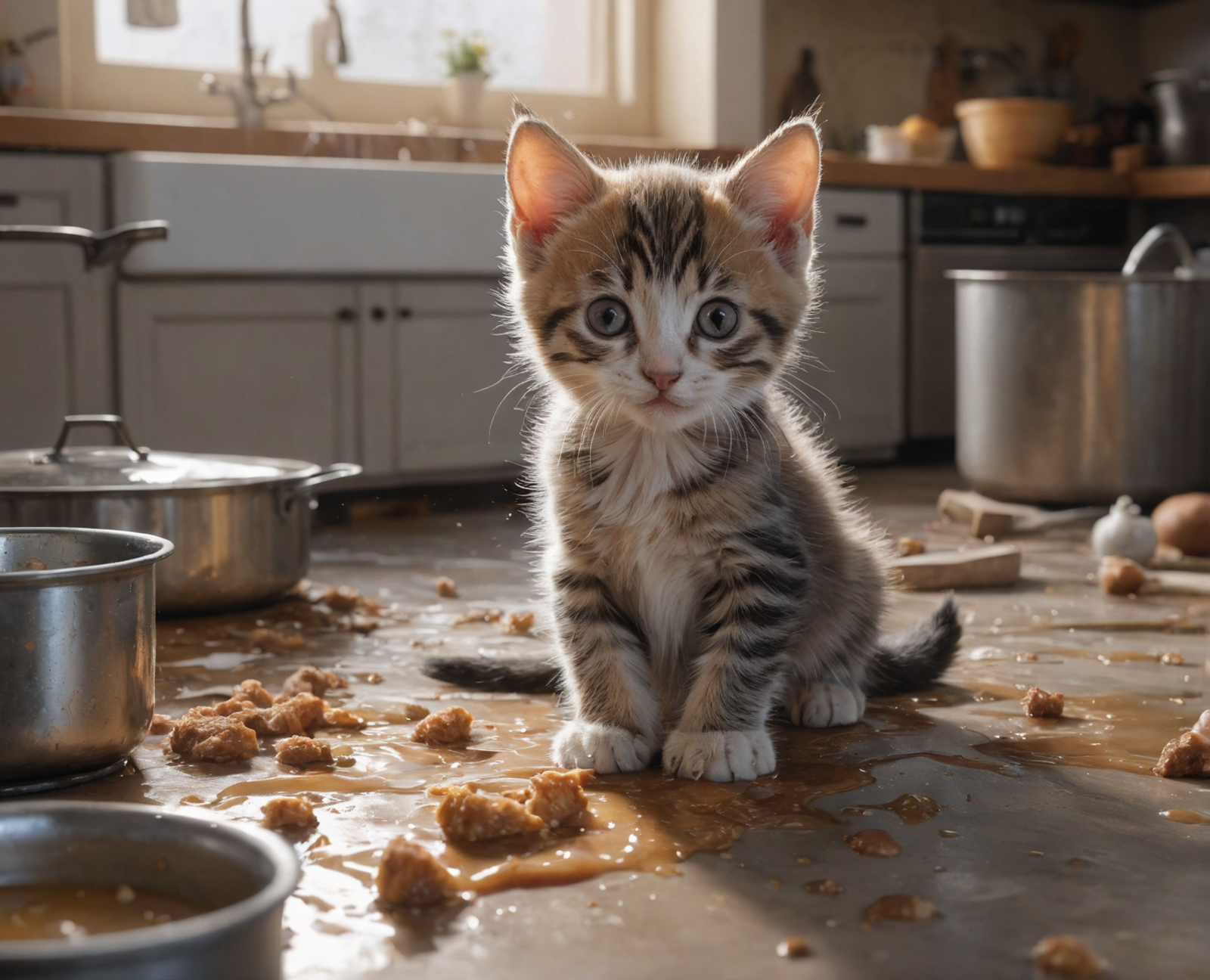 A curious kitten in a messy kitchen.