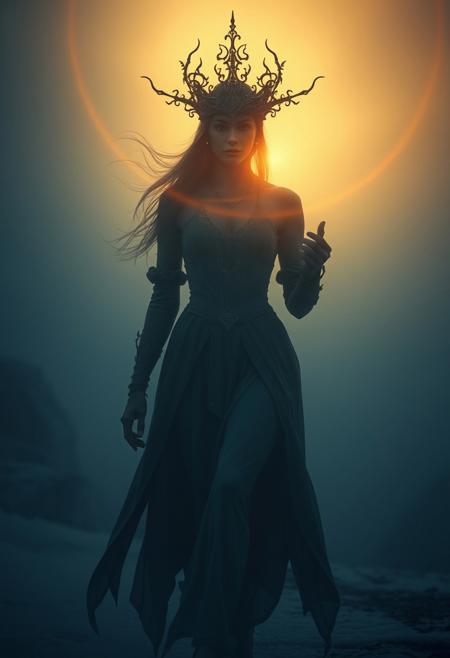 zavy-fnrt, Ethereal impression, cold dim pale spectral ethereal Natural Dramatic cinematic lighting, meticulous verisimilar realism, authentic candid in real life High resolution HD masterwork 32K DSLR fine art Photo with analog film, fog/mist backlit by cold alpine glow, in action, Sui generis, ghostly science-fantasy reality,  ornate, intricate, sleek beautiful 25 year old woman Druidess in high tech society, Extremely high-resolution details, photographic, realism pushed to extreme, fine texture, incredibly lifelike smoothly realistic skin textures, motile emotive Kinesics face, verismo details, innate subconscious sensuality. striding towards camera pov ghostly apparition like afterimages of her movement behind her, Dark, mysterious, haunting, dramatic, ornate, special effects shot . shallow depth of field, vignette, highly detailed, high budget, bokeh, cinemascope, moody, epic, gorgeous, film grain, grainy . Extraterrestrial, cosmic, otherworldly, mysterious, sci-fi, highly detailed .professional, 4k, highly detailed   $low resolution, watermark, signature, bad anatomy, bad hands, oily skin, shiny skin$,