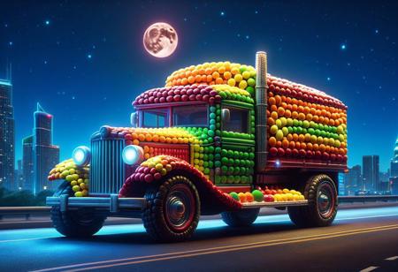 vibrant colors, shiny_skin, prefect lighting, detailed image, snoozing, masterpiece, best quality, highly detailed, ultra quality, 3DMM, Skittles, Taste the Rainbow, 
truck made of skittles, 
On the road, outdoors, neon lights, glowing, city, skyscraper, building, sciencefiction, electricity, night, moon, moonlight,