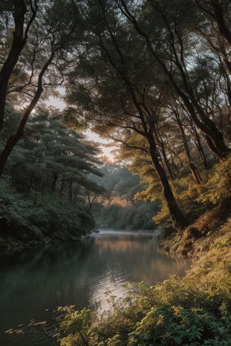 raw photo, a sunset landscape, Valdivian temperate forests, Chilean forest,  cozy, photorealistic, high detailed texture, 8k uhd, dslr, soft lighting, high quality, film grain, Fujifilm XT3, Sony A7 IV, highly detailed photography, (muted colors, cinematic, dim colors, soothing tones:1.2), vibrant, insanely detailed, hyperdetailed, (dark shot:1.2), (vsco:0.3), (intricate details:0.9), (hdr, hyperdetailed:1.2) (highest coherency: 1.39) (highest quality: 1.39) (rule of Thirds) (award winning) (breathtaking) (masterclass) (vibrant color: 0.79) (mist)