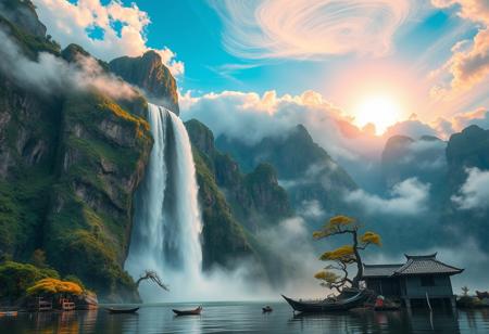 there is a tall waterfall, majestic water fall, the water fall is coming out of a mountain, Chinese mountains, there is moss growing on the mountains, small bonsai trees on the mountain, water mist, sun in the sky, sun behind clouds, water basin at base of cliff, small hut at base of cliff, small hut next to water fall, fishing rack, fishing polls, basket, fishing spot on shore, shore,  clouds, swirling, vivid colours, blue, orange, pink, sky, ancient, overgrown, landscapes, intricate details, background colourful, cloud streams, dynamic, vibrant colours, high quality, detailed, realistic, beautiful, extreme detail, hyper realistic, dynamic light, expressive, digital media (artwork), hi res, masterpiece, RAW, photo, 8k, very sharp, very detailed, realistic, real, cinematic view, shaded, detailed shading, shading,
