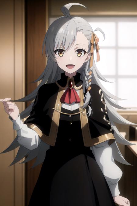 best quality, (masterpiece:1.2), detailed,
 <lora:chara_FateLordElMelloi_Olga-MarieAnimusphere_v1:0.8>,
1girl, solo, open mouth, light smile,
grey hair, yellow eyes, long hair, ahoge,  side braid, hair ribbon, 
black dress, black skirt, brooch, red ascot, capelet, white sleeves,
standing, looking at the viewer,
indoors,