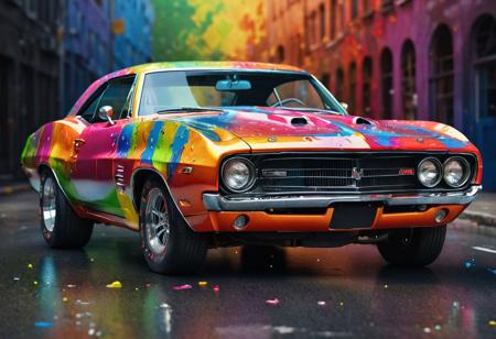 <lora:md2034:0.5> colorful, paint splatter,
(simple_background:1.3), symmetry, (no_humans:1.3),, (masterpiece:1.3), (best_quality:1.3), (ultra_detailed:1.3), 8k, extremely_clear, realism, (ultrarealistic:1.3),, insane details, intricate details, hyperdetailed, ultra detailed, extreme detailed, highest detailed, high_detail, colorful, beautiful, hdr, photorealistic, highres, ultra_high_res, photography, aesthetic, extremely_delicate, symmetric view of a muscle car