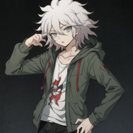 danganronpaNagitoKomaeda, solo, 1boy, (20 years old:1.3), looking at viewer, arguing, hand up, bangs, open mouth, simple background, shirt, long sleeves, hair between eyes, collarbone, jacket, upper body, white shirt, grey hair, male focus, white hair, open clothes, medium hair, grey eyes, hood, black background, messy hair, open jacket, hood down, komaeda nagito, hand on hip, hooded jacket, green jacket, print shirt, index finger raised <lora:danganronpaNagitoKomaeda:0.4>