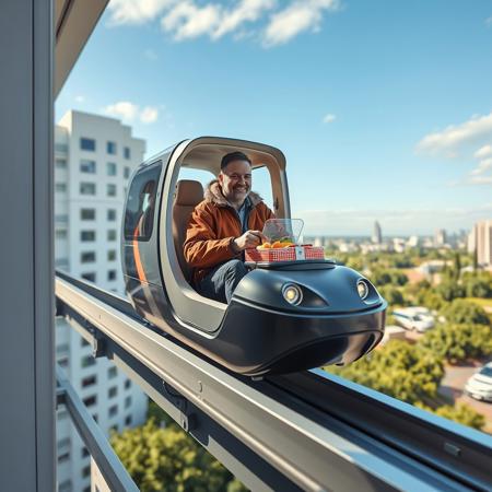 A man takes a packed lunch from a super-fast mini-rover on a monorail through his apartment window