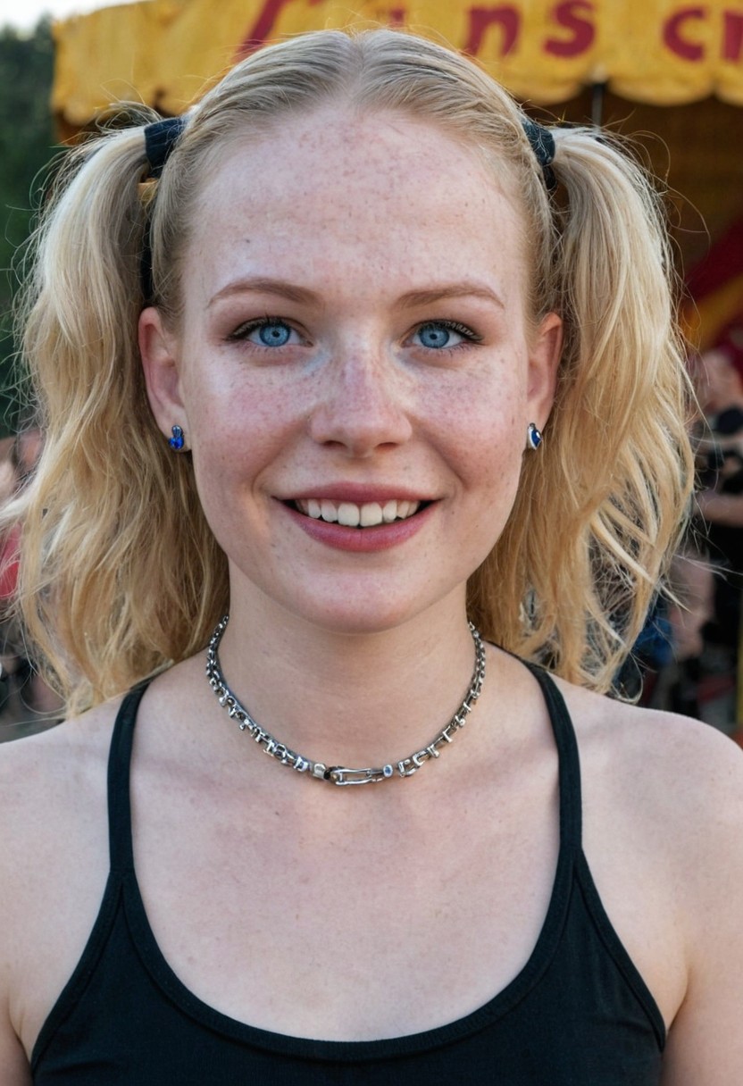 photorealistic, masterpiece,1girl, she is waiting at a cue to enter the Circus, big smile, happy, side view, slim, slender, cute and petite, blond curly hair, long pigtails, side view,  tanlines,( leather neck harness with metal chain), steel jewelry, black eyeliner, (pale skin), freckles, young face, kinky, adorable, petite, round face, smile, perky breasts, petite body, excited, (((nipple chains)), freckles, blemishes, imperfect skin, deep black lipstick,  thick mascara, piercing blue eyes, torn and frayed black top, little skull earrings, eyebrow piercing, detailed backyard background